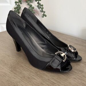 Stuart Weitzman Black Patent Peep-Toe Heels